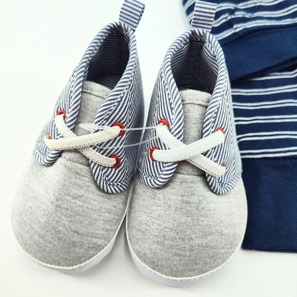 Striped Navy and Gray Hoodie And Pants With Grey Onesi Shirt And A Pair Of Shoes - Picture 2 of 7